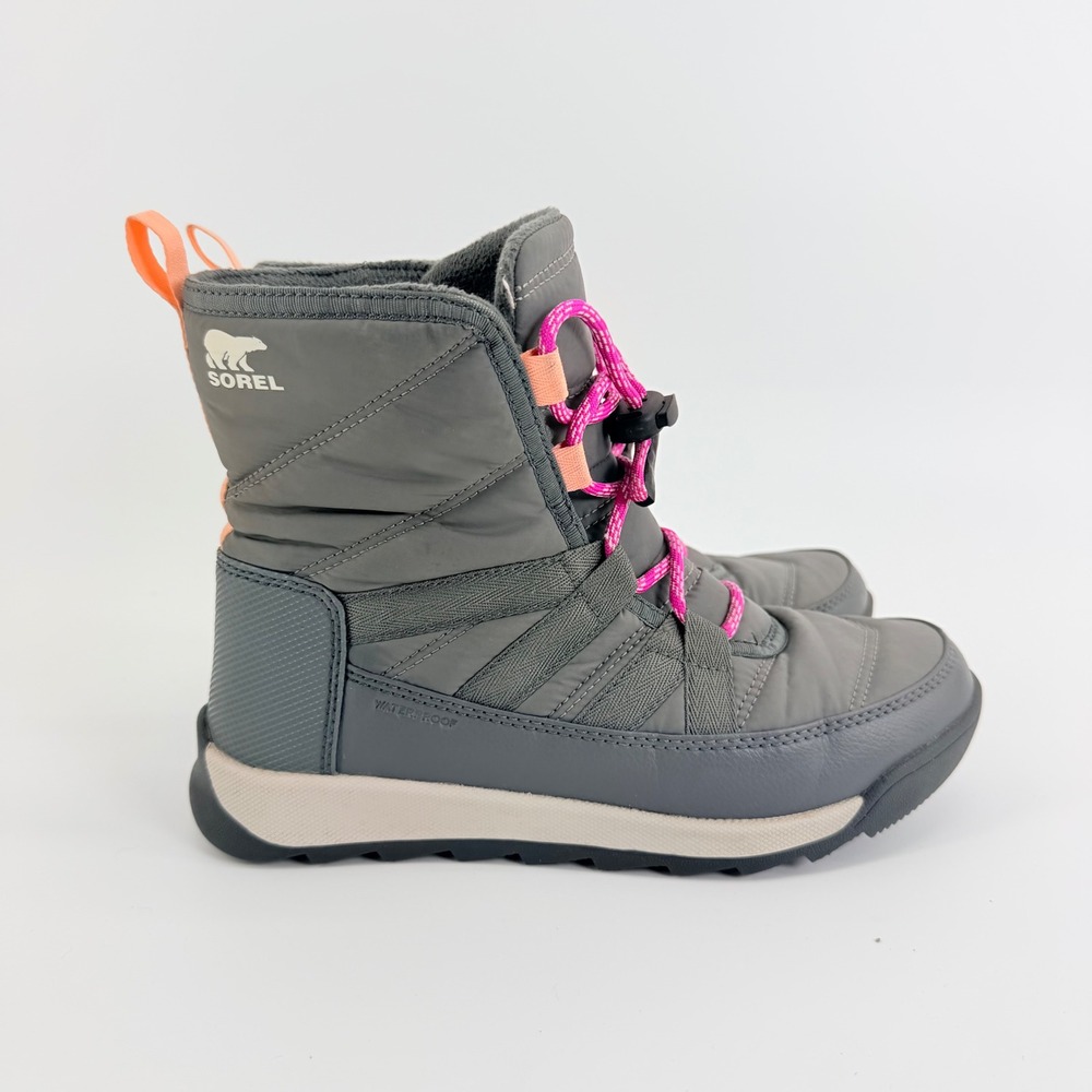 Sorel Whitney II Puffy Mid Kids Waterproof Snow Boots Grey Pink NY3903-053 Sz 4